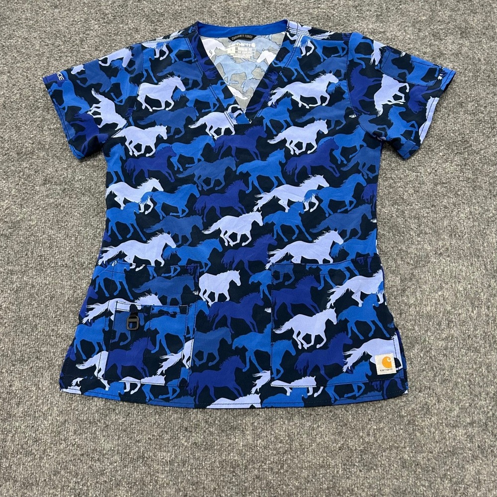 Carhartt Scrub Top Womens Size S Blue Horse Print Modern Fit Force V-Neck Pocket